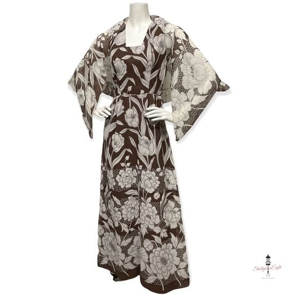 Vintage 1970s Floral Print Brown White Maxi Dress & Matching Shawl Scarf S 4 6 - Picture 8 of 15